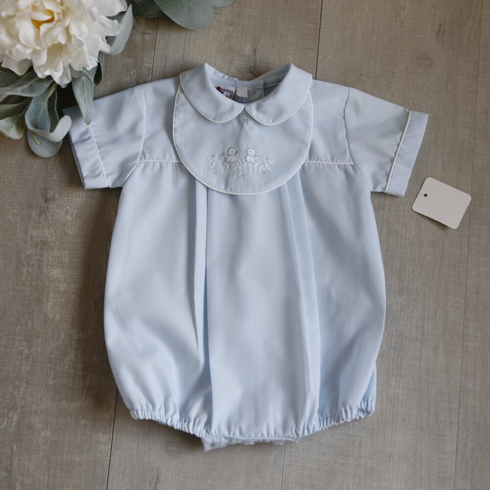 Blue Heirloom Creeper Romper Detachable Bib Birdy Pintucks RARE FIND Newborn New
